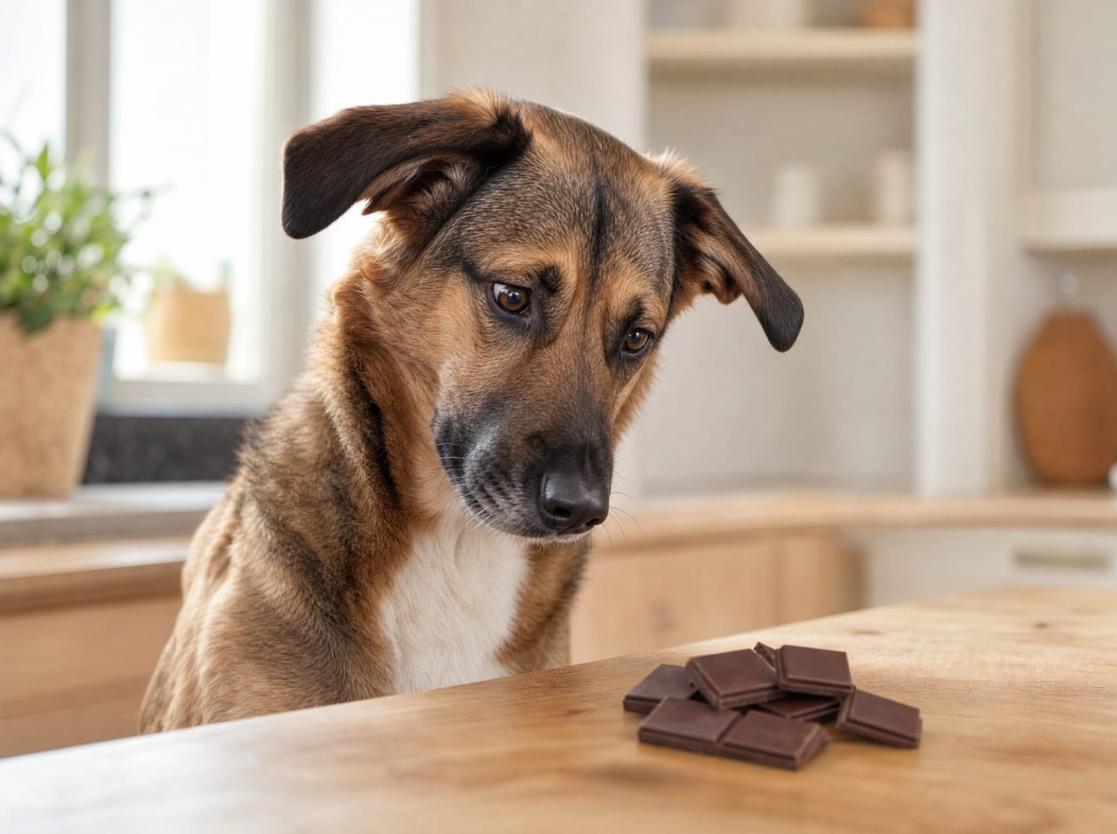 Medium dog with concerned-but-curious expression looking down at a small pile of dark chocolate squares on a kitchen counter